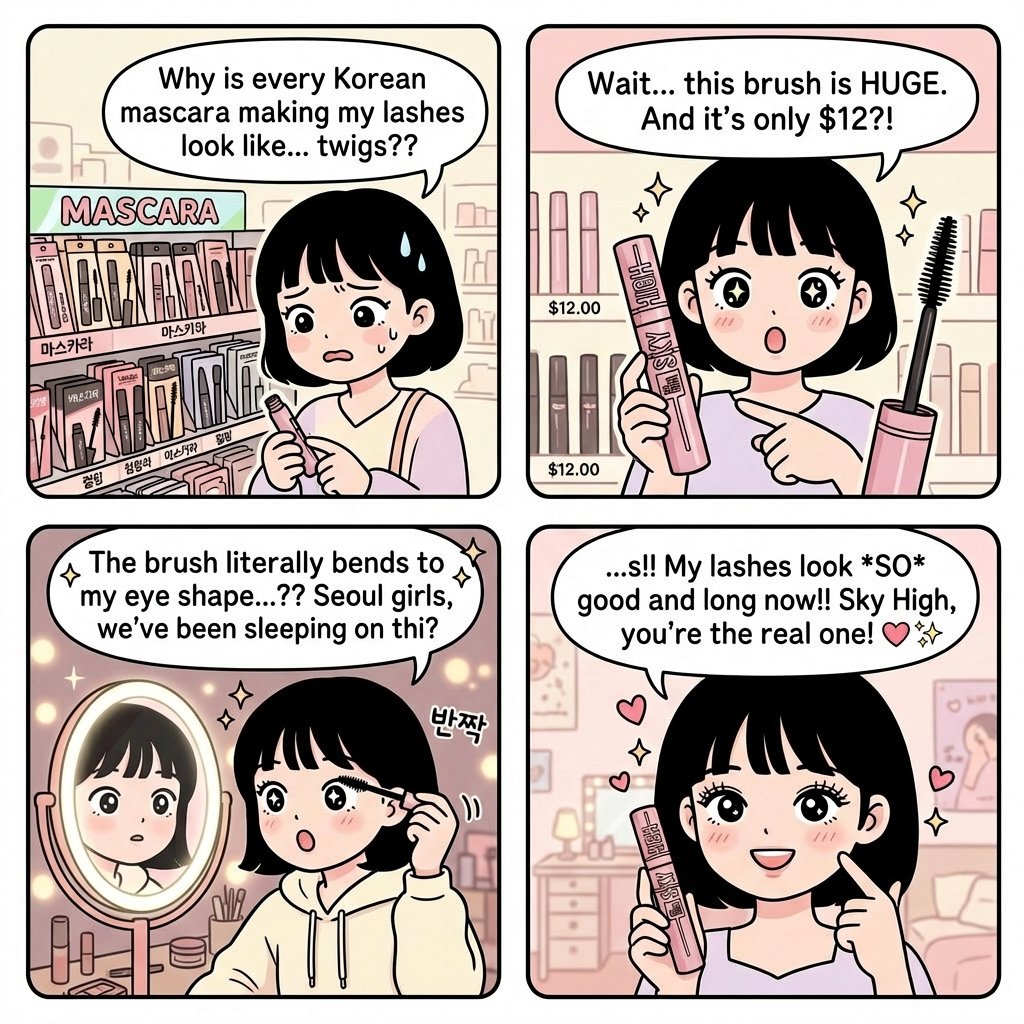 Minji comic strip: discovering Maybelline Sky High Mascara in Seoul